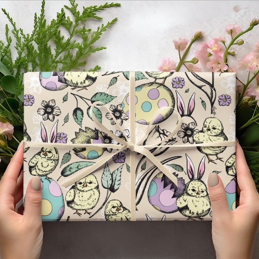 Paaskuikens & konijnenoren, eieren, bloemen cadeaupapier
