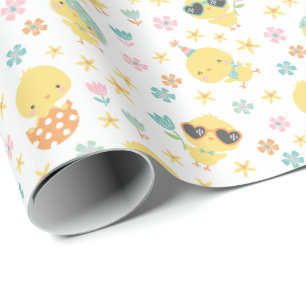 Paaskuikens met bloemen en eieren cadeaupapier