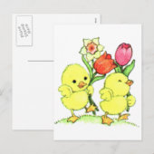 Paaskuikens met bloemen feestdagenkaart (Voorkant / Achterkant)