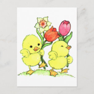 Paaskuikens met bloemen feestdagenkaart