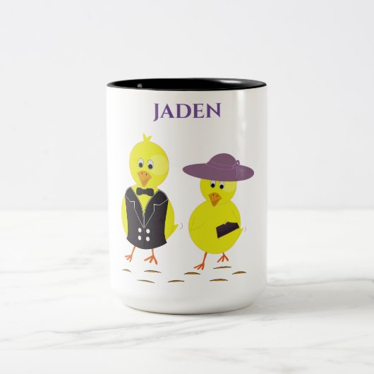 Paaskuikens met een gepersonaliseerde naam. tweekleurige koffiemok (Center)