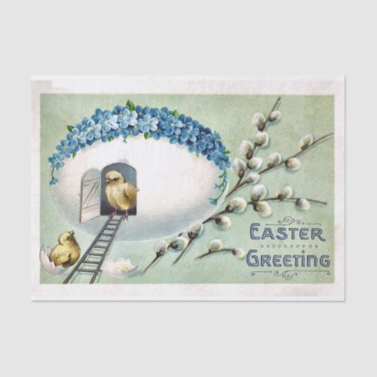  paaskuikens met Egg House Blauwe Bloemen Tissuepapier (Voorkant)