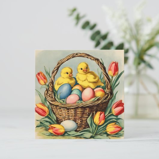 paaskuikens met tulpen kaart (Staand voorkant)