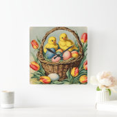  paaskuikens met tulpen vierkante klok (Huis)