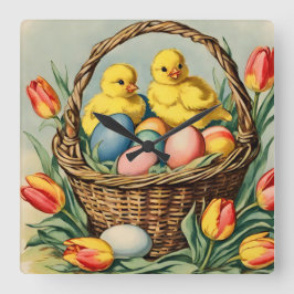  paaskuikens met tulpen vierkante klok