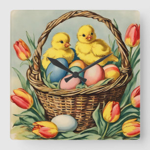 paaskuikens met tulpen vierkante klok