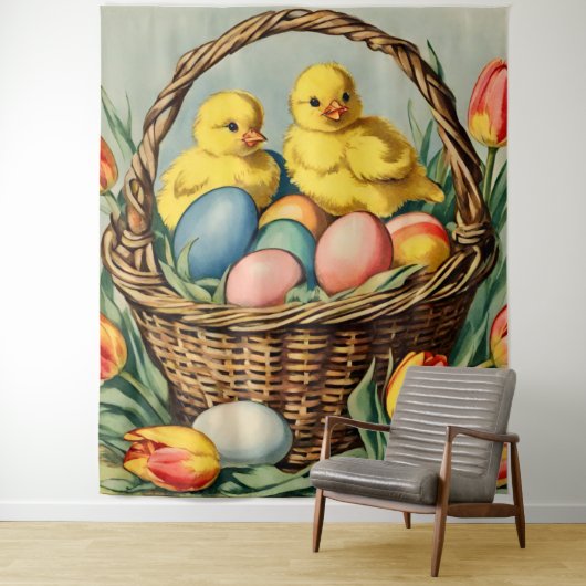  paaskuikens met tulpen wandkleed (In situ)