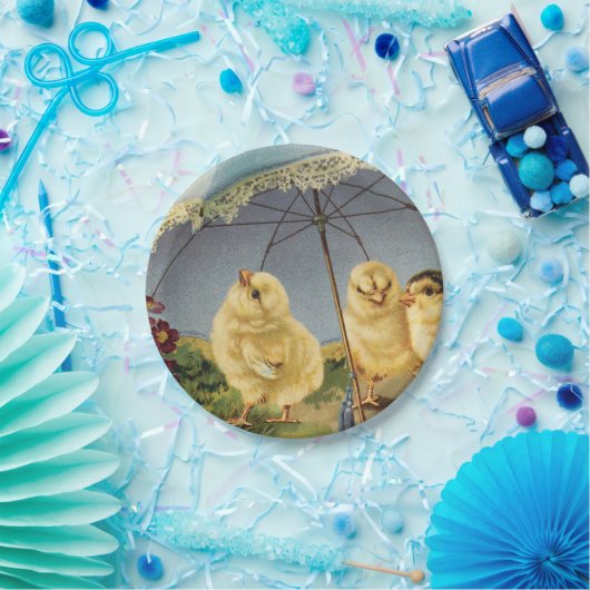  paaskuikens onder parasol papieren bordje (Feest)