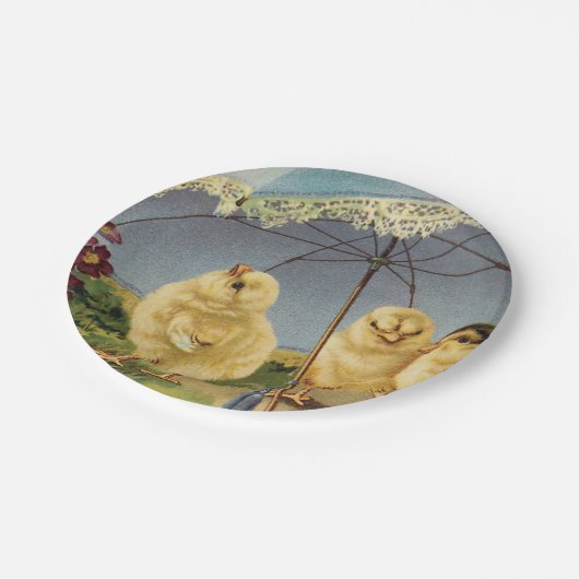  paaskuikens onder parasol papieren bordje (Gekanteld)