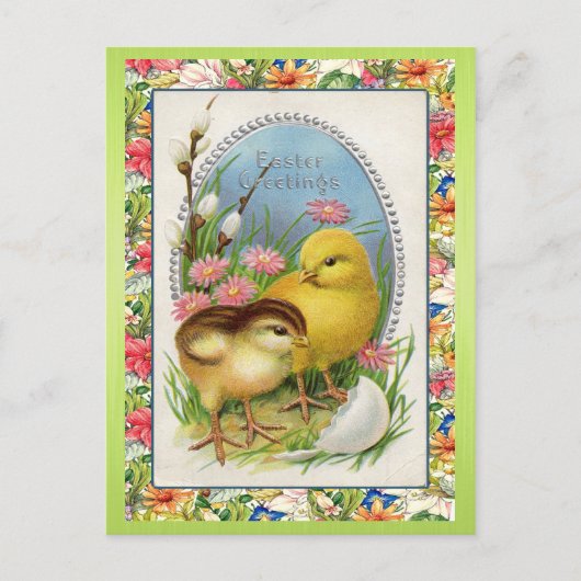  paaskuikens Victoriaans bloemenlente Feestdagenkaart (Voorkant)