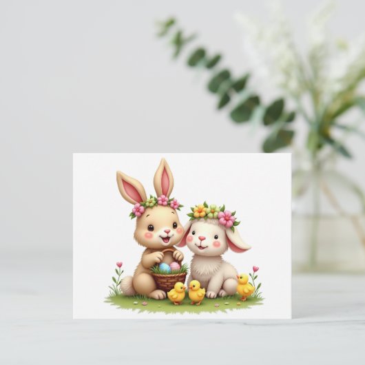 Paaslam en konijn | Spring Flowers & Chicks Schatt Feestdagenkaart (Staand voorkant)