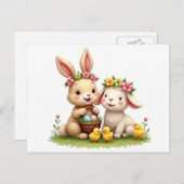 Paaslam en konijn | Spring Flowers & Chicks Schatt Feestdagenkaart (Voorkant / Achterkant)