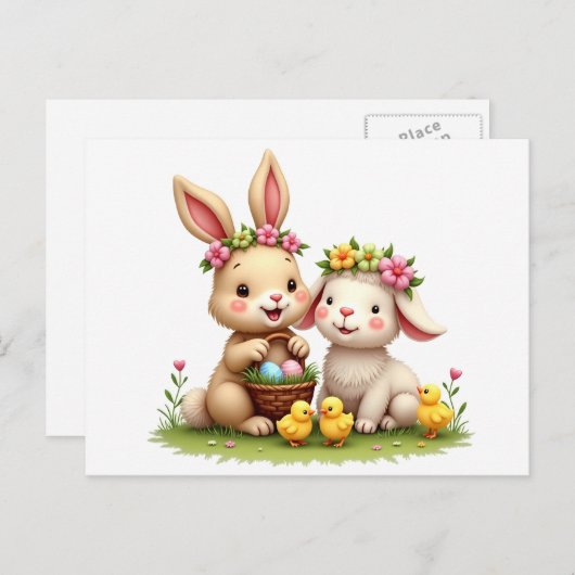 Paaslam en konijn | Spring Flowers & Chicks Schatt Feestdagenkaart (Voorkant / Achterkant)