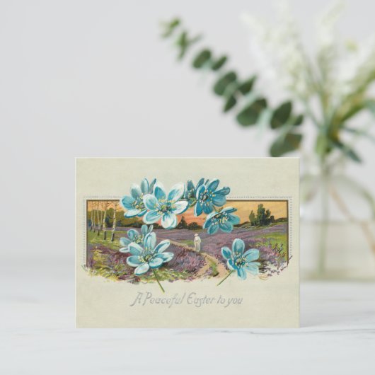 paaslandschap en vergeet-me-nots feestdagenkaart (Staand voorkant)