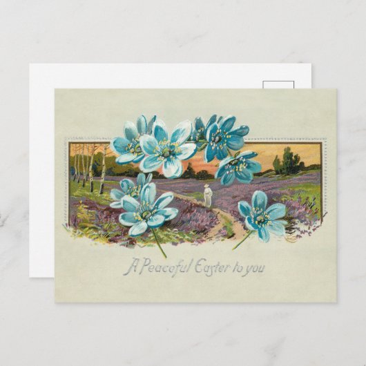  paaslandschap en vergeet-me-nots feestdagenkaart (Voorkant / Achterkant)