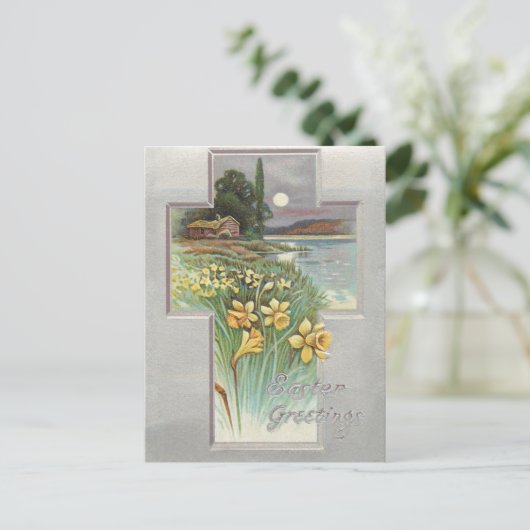 paaslandschap met deaffodis feestdagenkaart (Staand voorkant)