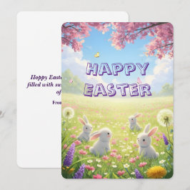 Paaslavendel Cute Witte Konijn Bloemrijke Lente Feestdagenkaart