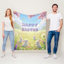 Paaslavendel Cute Witte Konijn Bloemrijke Lente Fleece Deken