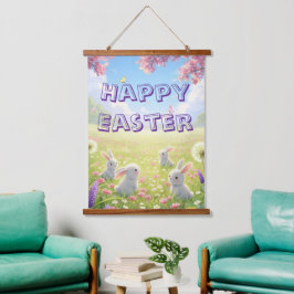 Paaslavendel Cute Witte Konijn Bloemrijke Lente Hangend Wandkleed