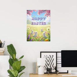 Paaslavendel Cute Witte Konijn Bloemrijke Lente Poster