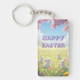 Paaslavendel Cute Witte Konijn Bloemrijke Lente Sleutelhanger