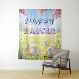 Paaslavendel Cute Witte Konijn Bloemrijke Lente Wandkleed