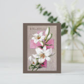  paaslelies en roze kruis feestdagenkaart (Staand voorkant)