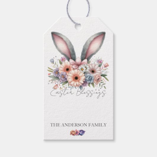 Paaslente Bloemen Konijntje oren Familienaam Cadeaulabel (Voorkant)