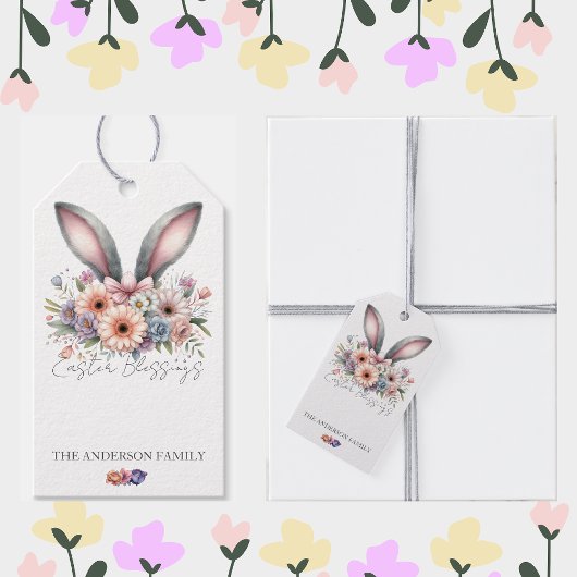 Paaslente Bloemen Konijntje oren Familienaam Cadeaulabel