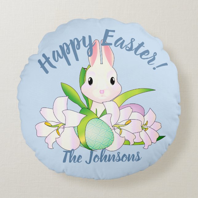 Paaslilies en zweet Bunnies Rond Kussen (Voorkant)