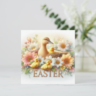 Paasma moeder eend met eendjes en lente bloemen
