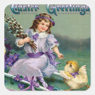  paasmakerij Girl Egg Chick Carriage Vierkante Sticker