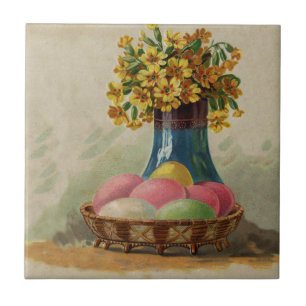 Paasmand Eieren Bloemen Antiek Tegeltje