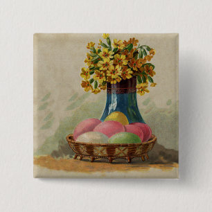 Paasmand Eieren Bloemen Antiek Vierkante Button 5,1 Cm