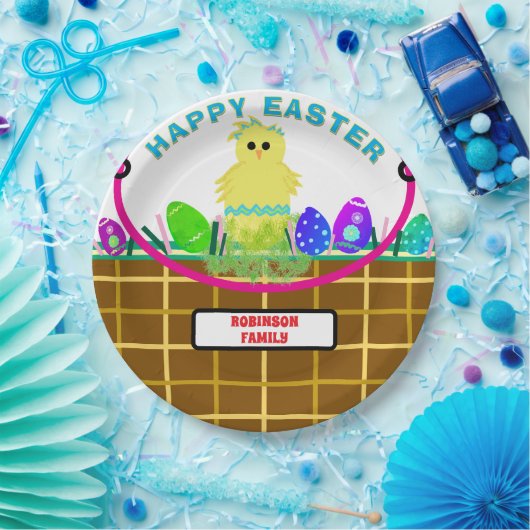 Paasmand geel blauw gestreept kuikenei papieren bordje (Feest)