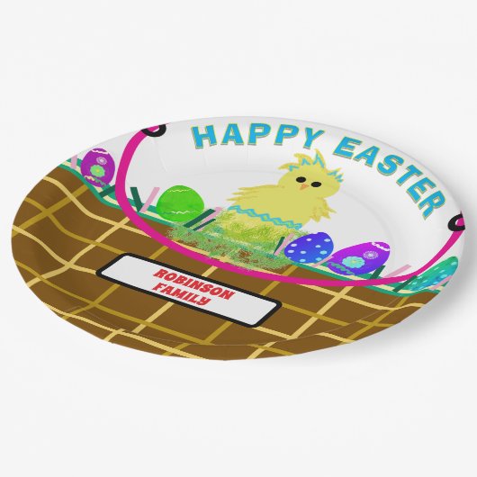 Paasmand geel blauw gestreept kuikenei papieren bordje (Gekanteld)