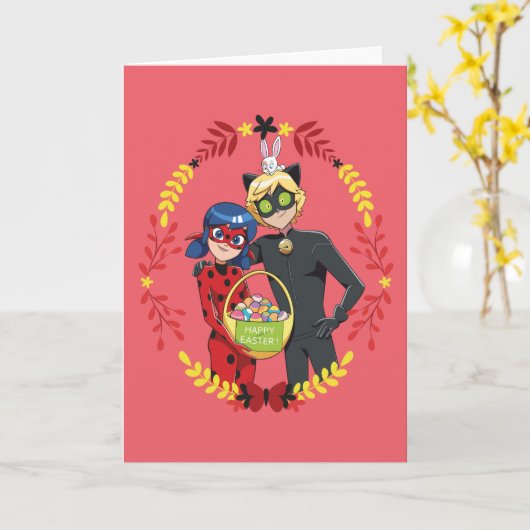 Paasmand Ladybug & Cat Noir Kaart (Gele Bloem)