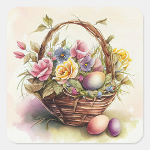 Paasmand met paarse gele bloemen in vintage stijl vierkante sticker