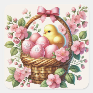 Paasmand Roze Eieren Gele Kuiken Vierkante Sticker