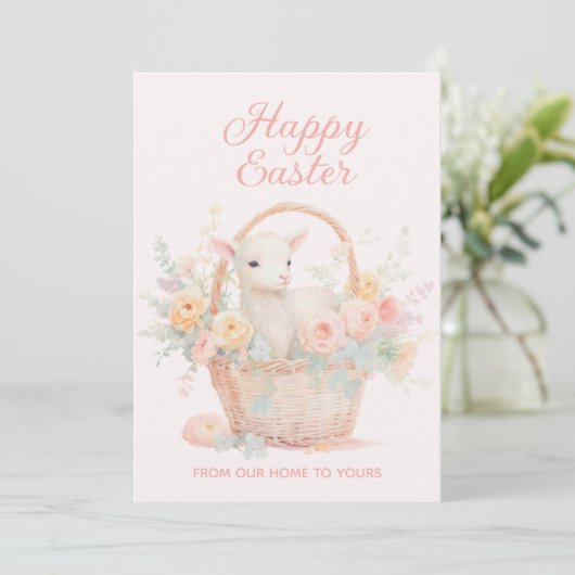 Paasmand Roze Perzik Lam Bloemen Feestdagenkaart (Staand voorkant)