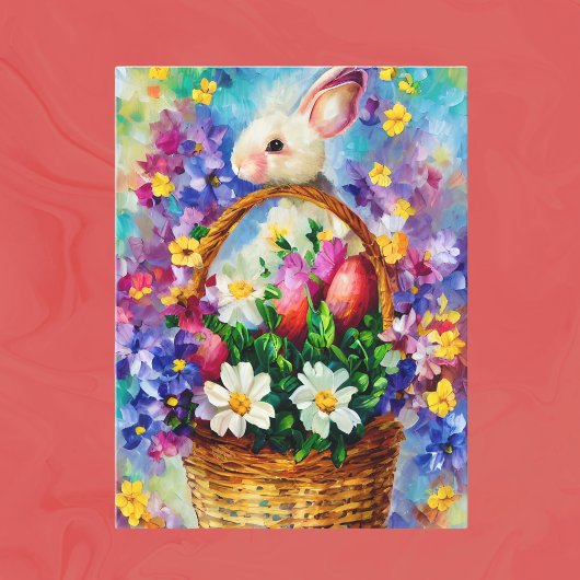 Paasmandje, bloemen en bunny Oil Painting Briefkaart