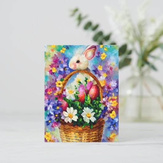 Paasmandje, bloemen en bunny Oil Painting Briefkaart (Staand voorkant)