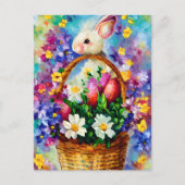 Paasmandje, bloemen en bunny Oil Painting Briefkaart (Voorkant)