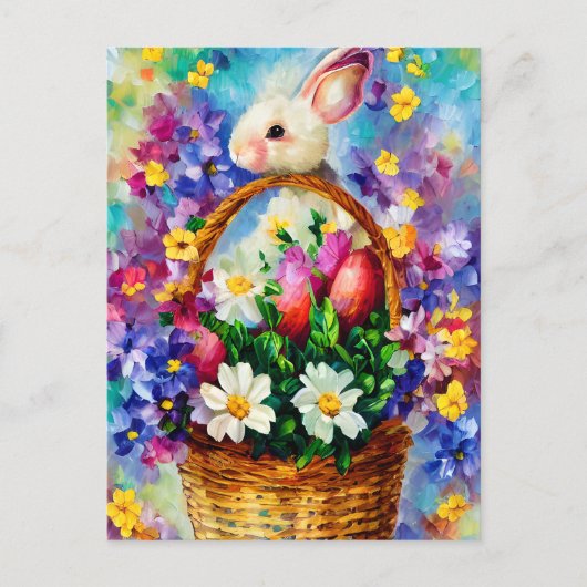 Paasmandje, bloemen en bunny Oil Painting Briefkaart (Voorkant)