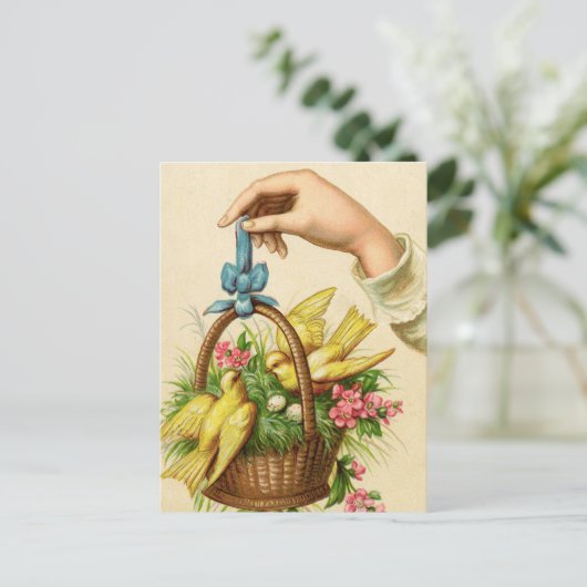 paasmantel Gele vogels en hand Briefkaart (Staand voorkant)