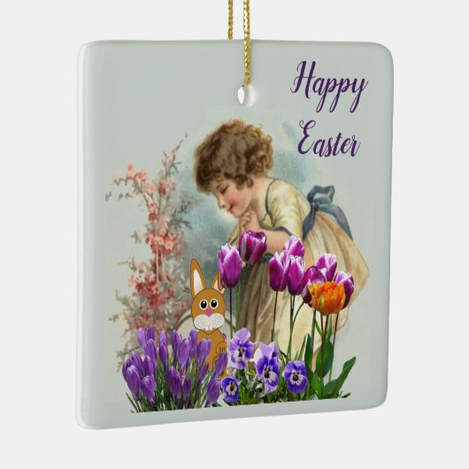 paasmeisje Bunny Rabbit en Tulips Keramisch Ornament (Rechts)