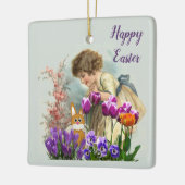  paasmeisje Bunny Rabbit en Tulips Keramisch Ornament (Links)