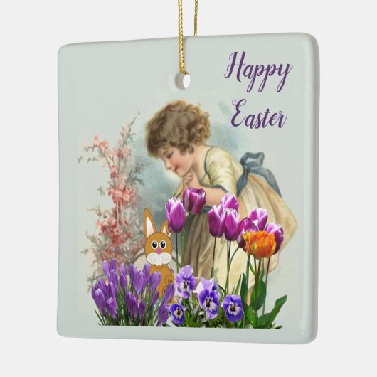  paasmeisje Bunny Rabbit en Tulips Keramisch Ornament (Links)