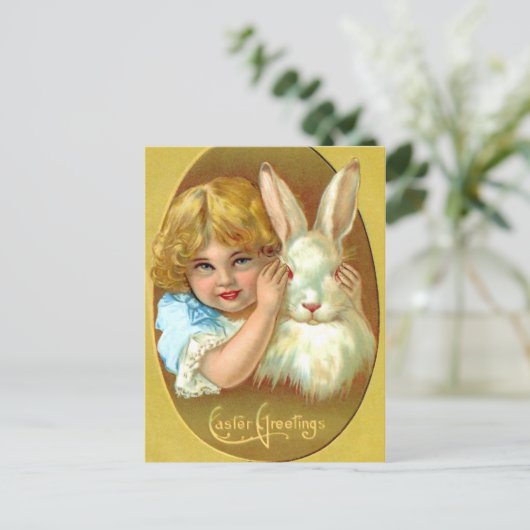  paasmeisje en konijn feestdagenkaart (Staand voorkant)