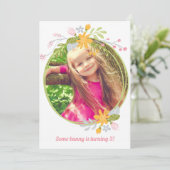 Paasmeisje Foto van Cute Pink Floral Birthday Part Kaart (Staand voorkant)